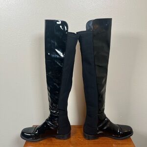 Stuart Weitzman 5050 Stretch Leather Boot in Black Patent Leather Size 5.5